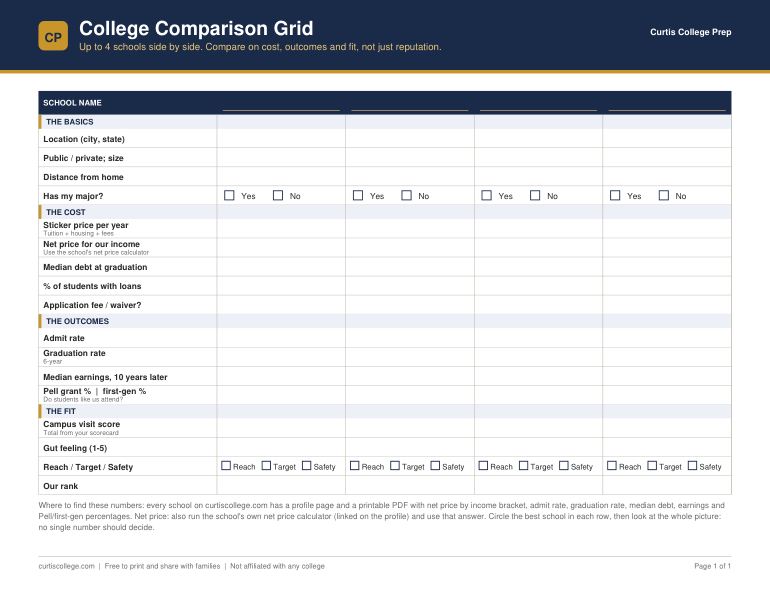 Preview of the College Comparison Grid worksheet